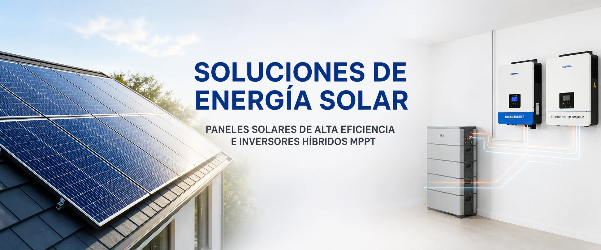 Soluciones de energía solar con paneles solares, inversores híbridos y almacenamiento